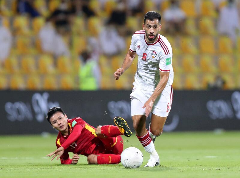 UAE's Majed Hassan battles with Nguyen Quang Hai of Vietnam during the game between the UAE and Vietnam in the World cup qualifiers at the Zabeel Stadium, Dubai on June 15th, 2021. Chris Whiteoak / The National. 
Reporter: John McAuley for Sport