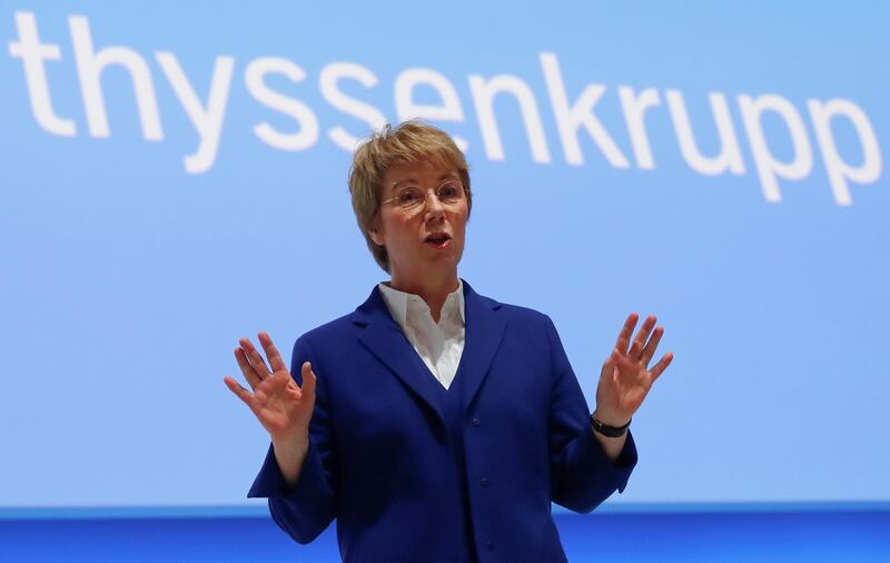 FILE PHOTO: Martina Merz, CEO of German conglomerate Thyssenkrupp AG, gestures during the annual shareholders meeting in Bochum, Germany, January 31, 2020.  REUTERS/Wolfgang Rattay/File Photo