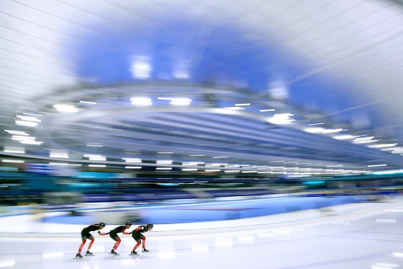 Switzerland's Nadja Wenger, Kaitlyn Mcgregor and Ramona Hardi compete in the team pursuit during Day 2 of the ISU World Speed Skating Championships at Thialf Arena in Heerenveen, the Netherlands, on February 12. Getty