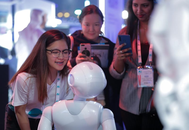 Dubai, April 30, 2019.  Ai Everything show at the Dubai World Trade Centre. --  The Ai robots of the show continuously amazed the visitors.
Victor Besa/The National
Section:  NA
Reporter:  P. Ryan and A. Sharma