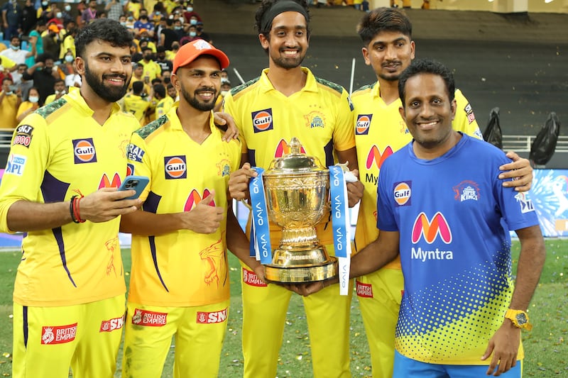 Ruturaj Gaikwad of Chennai Super Kings with the trophy after the final of the IPL against Kolkata Knight Riders at the Dubai International Stadium in the United Arab Emirates on October 15, 2021. All pictures Sportzpics for IPL