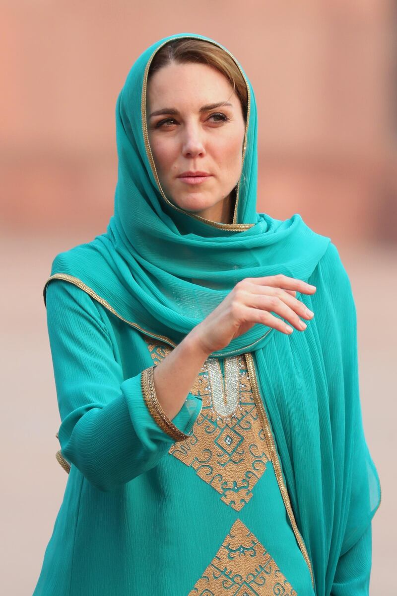 Catherine, Duchess of Cambridge arrives at the Badshahi Mosque within the Walled City during day four of their royal tour of Pakistan on October 17, 2019 in Lahore, Pakistan.