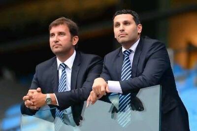 Chief executive Ferran Soriano and chairman Khaldoon Al Mubarak look on at Etihad Stadium. Shaun Botterill / Getty Images