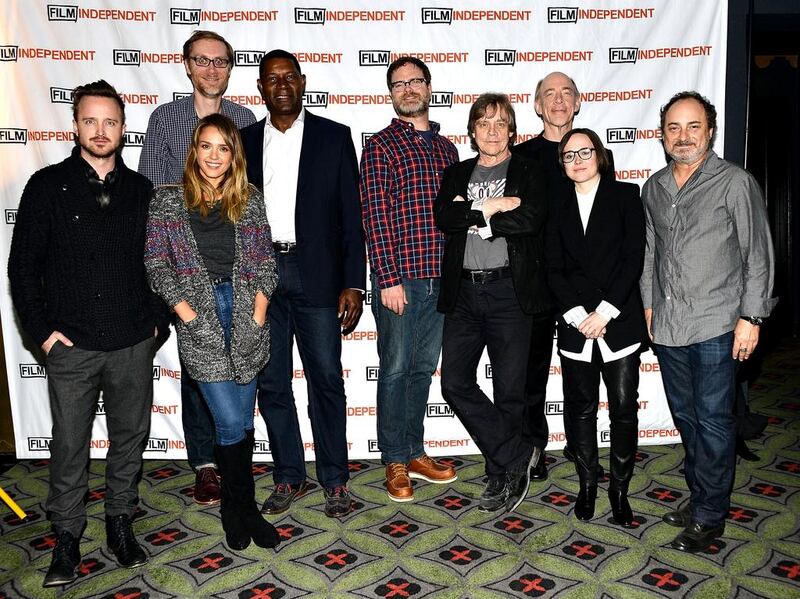 From left, Aaron Paul, Jessica Alba, Stephen Merchant, Dennis Haysbert, Rainn Wilson, Mark Hamill, JK Simmons, Ellen Page and Kevin Pollack at the live reading of The Empire Strikes Back in Los Angeles. Araya Diaz / WireImage