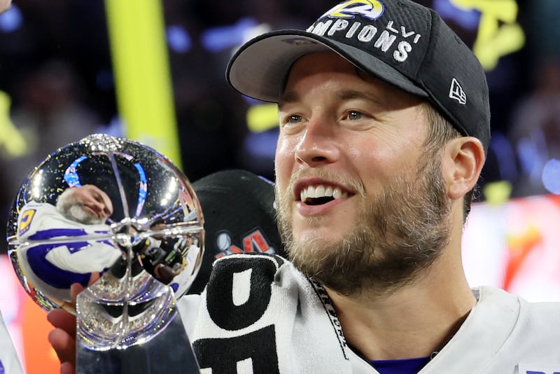 Los Angeles Rams' Matthew Stafford celebrates with the Vince Lombardi Trophy. Reuters