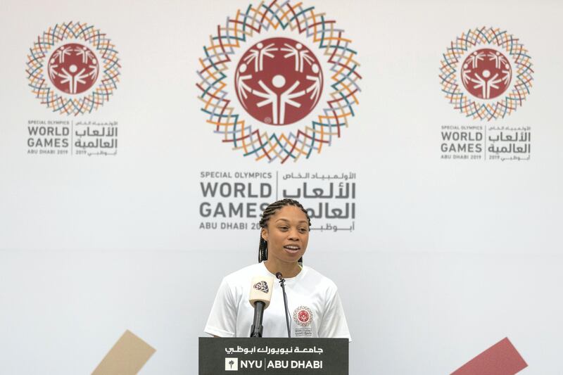 Abu Dhabi, United Arab Emirates, November 14, 2017:    American Olympian Allyson Felix speaks during the launch event of the 9th MENA Special Olympics 2018 and the Special Olympics World Games 2019 at New York University Abu Dhabi on Saadiyat Island in Abu Dhabi on November 14, 2017. Christopher Pike / The National

Reporter:  N/A
Section: News