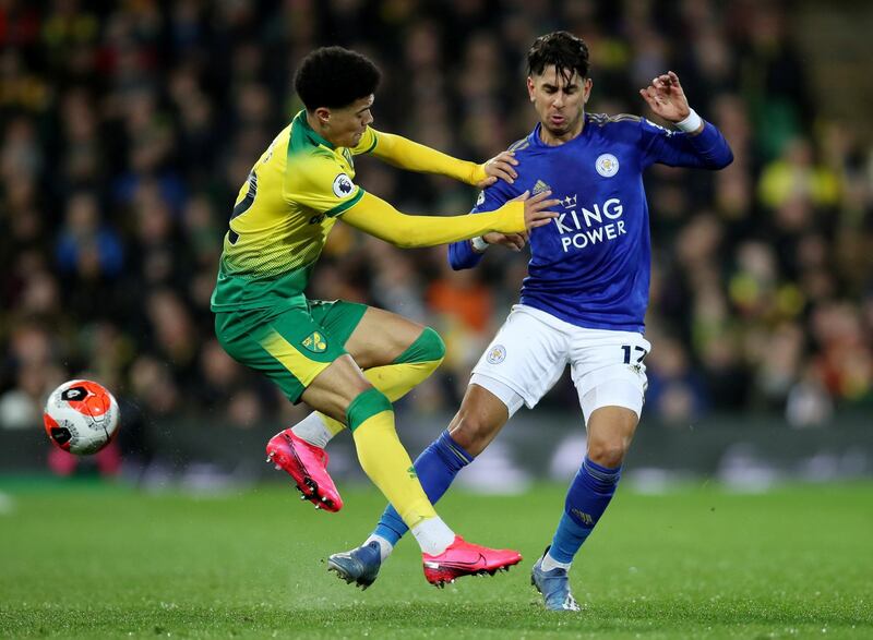 Leicester's Ayoze Perez, right, and Jamal Lewis of Norwich. Reuters