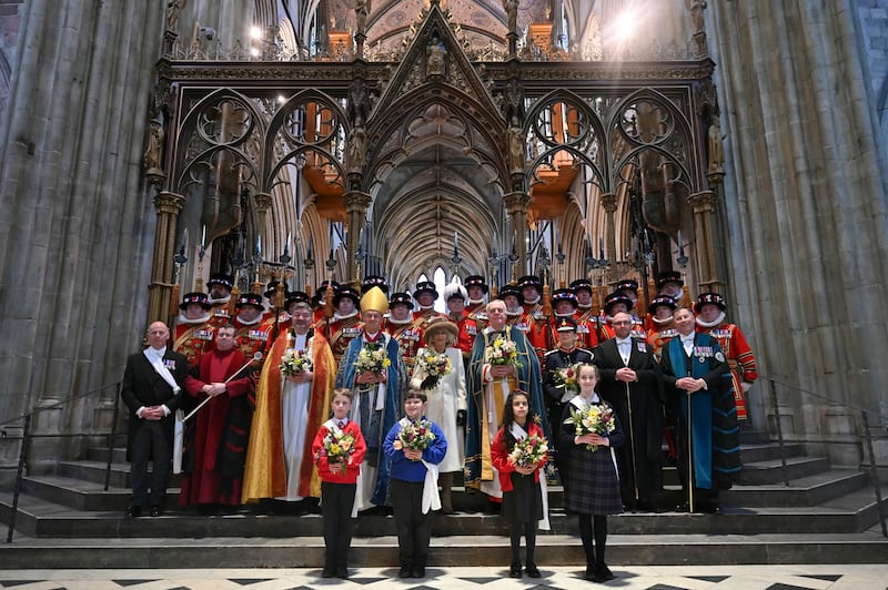 Queen Camilla with the Maundy Party during the Royal Maundy Service in Worcester Cathedral. AP