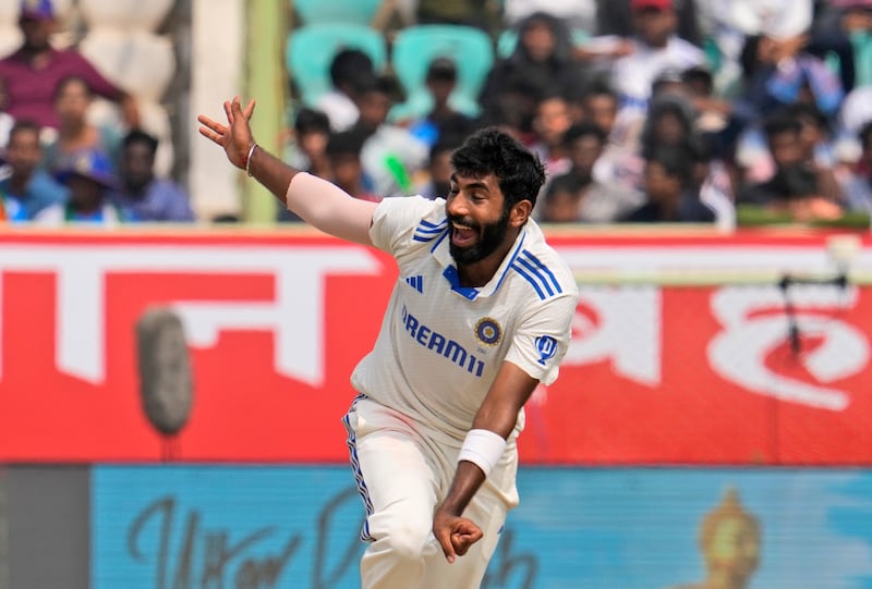 India bowler Jasprit Bumrah celebrates after claiming the wicket of England's Jonathan Bairstow for 26. AP