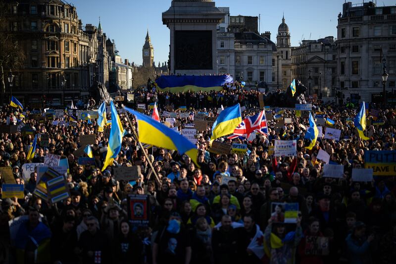 A demonstration in support of Ukraine in Trafalgar Square, London, February 2022 . Getty Images