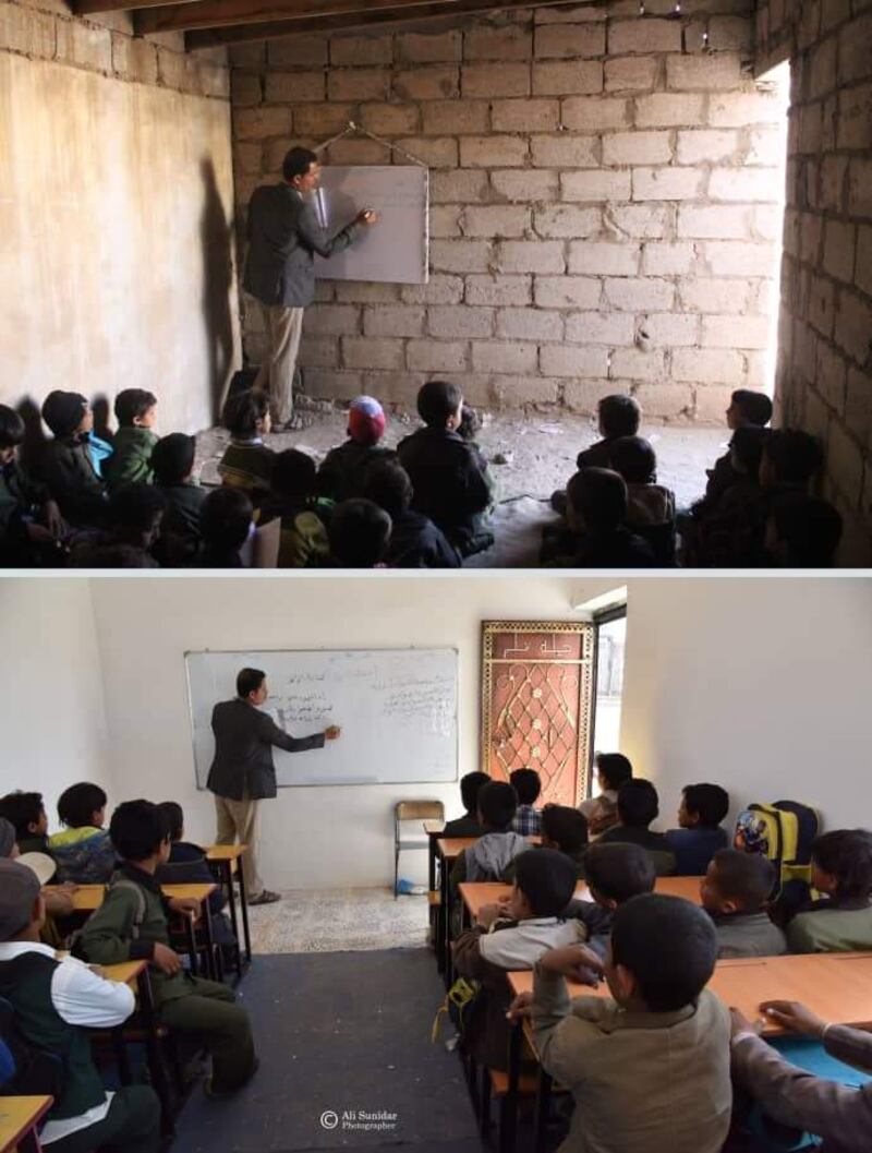 A before-and-after photo of a school in Sanaa showing students sitting on the floor as a teacher writes on a small white board hung on a brick wall. After working with a charity group in Kuwait, Ali helped re-vamp the classroom into a fully-functioning hall with desks, chairs, painted walls and a bigger white board. Ali Alsonidar
