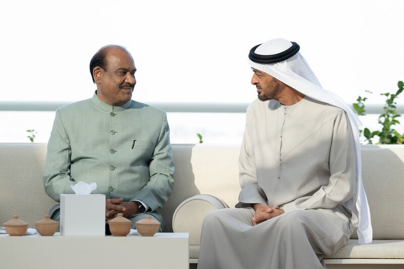 Sheikh Mohamed bin Zayed, Crown Prince of Abu Dhabi and Deputy Supreme Commander of the Armed Forces, with Om Birla, the Speaker of Lok Sabha, the lower house of the Indian Parliament. Hamad Al Kaabi / Ministry of Presidential Affairs