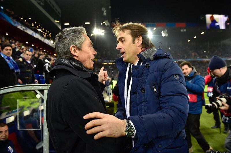 Basel coach Paulo Sousa, left, and Porto counterpart Julen Lopetegui greet each other before the start of their Uefa Champions League last-16 first leg. Michael Buholzer / AFP