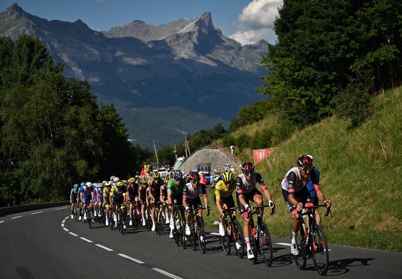 The peloton during Stage 10, a 148.1km ride between Morzine and Megeve, in the French Alps. AFP