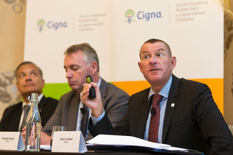 Jason Sadler, right, president of Cigna International Markets speaks as Arthur Cozad, left, CEO for Cigna Middle East Markets and Howard Gough CEO of Cigna for the MENA region listen on during a media roundtable at the Four Seasons Resort in the Jumeriah area of Dubai on July 11, 2017. Cigna announced they acquired Zurich Insurance Middle East. Christopher Pike / The National

Job ID: 
Reporter:  N/A
Section: Business
Keywords: