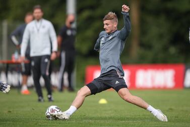 STUTTGART, GERMANY - AUGUST 31: Timo Werner of Germany plays the ball during a training session at ADM-Sportpark on August 31, 2020 in Stuttgart, Germany. Germany will face Spain in their UEFA Nations League group stage match on September 3, 2020. (Photo by Christian Kaspar-Bartke/Getty Images)