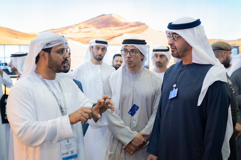 President Sheikh Mohamed and Sheikh Mansour tour the Dubai Airshow at Dubai World Central. Mohamed Al Hammadi / UAE Presidential Court
