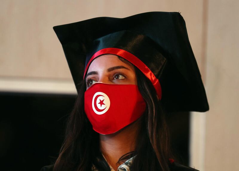 epa08601103 A student supporter of the Free Destour Party (PDL) attends a party to celebrate National Women's Day in Tunis, Tunisia, 13 August 2020. Tunisia celebrates on 13 August the National Women's Day which coincides with the 63rd anniversary of the Promulgation of the Personal Status Code which marks the break with archaic practices devaluing Tunisian women. Tunisian women celebrates Women's Day twice a year, 08 March, International Women's Rights Day, and 13 August, anniversary of the Personal Status Code.  EPA/MOHAMED MESSARA