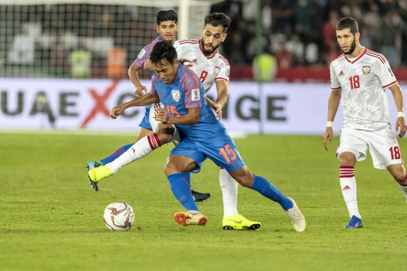 ABU DHABI, UNITED ARAB EMIRATES. 10 JANUARY 2019. AFC Football at Zayed Sports City. UAE vs India match. Second half. UAE leads 2-0. (Photo: Antonie Robertson/The National) Journalist: John McAuley. Section: Sport.