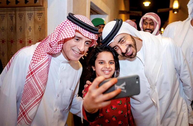 Abdullah bin Zayed and Adel bin Ahmed Al Jubeir during a tour at the events accompanying the Formula E in Ad Diriyah, Saudi Arabia. Courtesy MOFAIC