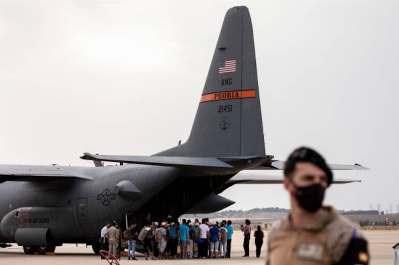 A US plane carrying Afghans at an airport in Madrid, Spain. The World Bank says it is 'deeply concerned' by the situation in Afghanistan, especially regarding women's rights, after the Taliban seized power. Getty