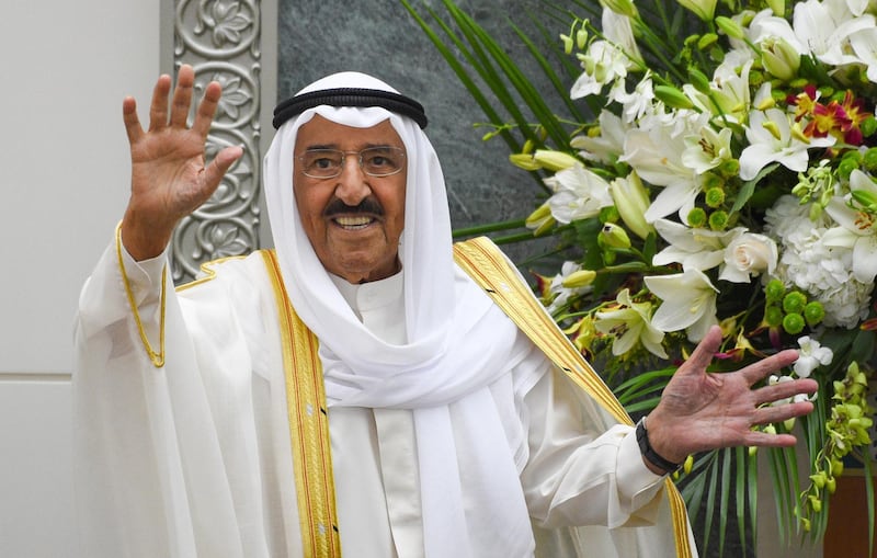 epa08554404 (FILE) - Kuwaiti Emir Sheikh Sabah al-Ahmed al-Sabah waves upon arrival to attend the inaugural session of the new parliament term at the National Assembly in Kuwait City, Kuwait, 30 October 2018 (reissued 19 July 2020). According to official Kuwaiti news reports, Kuwaiti Emir Sheikh Sabah al-Ahmed al-Sabah underwent a successful surgery on 19 July 2020. Sheikh Sabah was admitted to the hospital for a medical checkup a day earlier and assigned Crown Prince Sheikh Nawaf Al Ahmed Al Sabah his duties.  EPA/NOUFAL IBRAHIM *** Local Caption *** 54738994