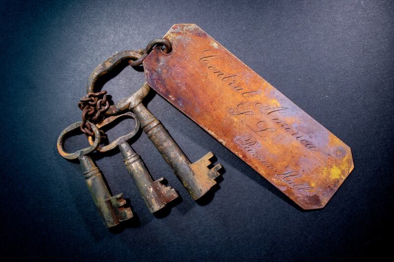This brass name tag and keys for 'SS Central America' purser Edward Hull may have been for a room where Gold Rush treasure cargo was secured on the ship.