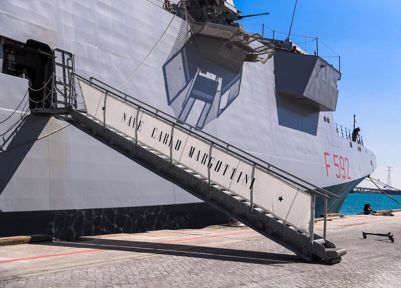 Abu Dhabi, U.A.E., February 14, 2019.  European Multi-Mission Frigate (FREMM), Italian frigate, Carlo Margottini (F 592)  has docked at the Abu Dhabi Port with Commander Marco Guerriero as the Captain.  — Frigate ladder.Victor Besa/The NationalSection:  NAReporter:  Charlie Mitchell