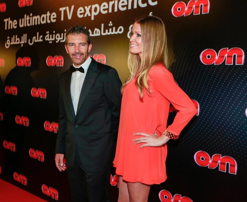 Hollywood actor Antonio Banderas and partner Nicole Kimpel at Jumeirah Zabeel Saray in Dubai. Victor Besa for The National.