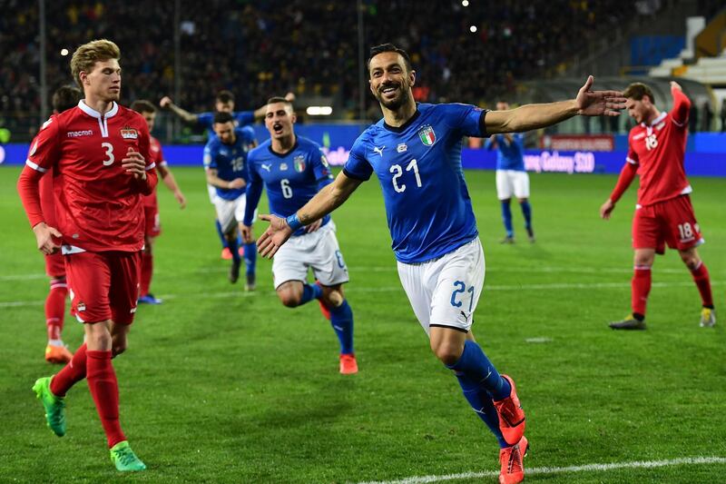 Italy's forward Fabio Quagliarella celebrates after scoring  a penalty during the Euro 2020 Group J qualifying football match Italy vs Liechtenstein on March 26, 2019 at the Ennio-Tardini stadium in Parma. / AFP / Miguel MEDINA
