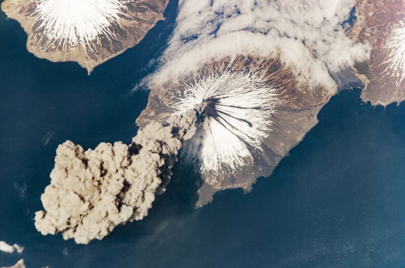 1.	An enormous plume of ash rises from the Cleveland Volcano on May 23, 2006. The image was captured from the International Space Station by astronaut Jeff Williams. The ash cloud rose as high as 6,000 metres above sea level. Photo: Nasa Earth Observatory