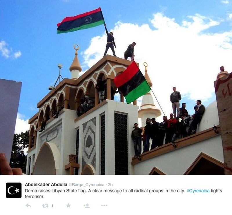 The euphoria in Derna was captured in this Twitter image which was widely circulated after ISIL was expelled from the town. Libyans dumped the militant group’s black flag from buildings and flyovers, replacing them with the Libyan tricolor.

 