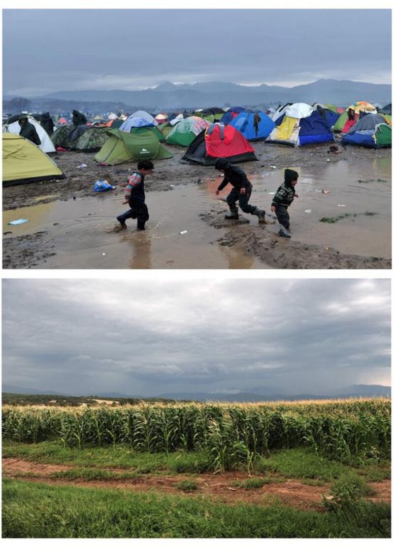 (COMBO) Top pictures shows migrant playing at the makeshift refugee camp near Idomeni, on the Greek-Macedonian border n March 9, 2016. The picture below, taken August 23, 2016, shows the camp site transformed into a cornfield. Sakis Mitrolidis / AFP 

