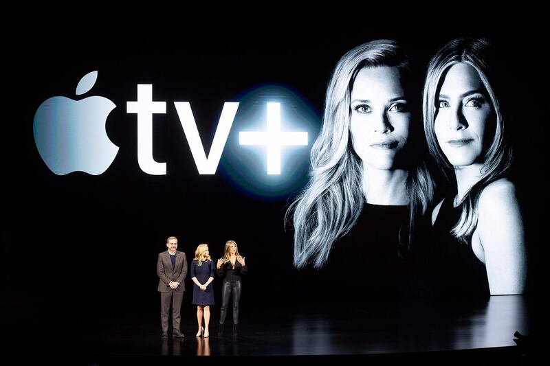 Steve Carell, Reese Witherspoon and Jennifer Aniston speak during the event launching Apple tv+ at Apple headquarters on March 25, 2019, in Cupertino, California. AFP