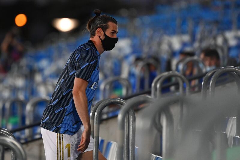 Real Madrid's Welsh forward Gareth Bale wearing a face mask arrives to the Spanish League football match between Real Madrid and Alaves at the Alfredo Di Stefano stadium in Valdebebas near Madrid on July 10, 2020. AFP