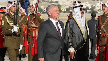 King Abdullah welcomes Kuwait's Emir Sheik Meshal Al Ahmad Al Sabah at Marka military airport, in Amman, on April 23, 2024.  Reuters