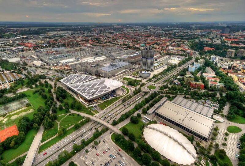 The BMW buildings in Munich. The tower is the oldest in the list after being completed in 1972. The BMW Welt was finished in 2007.