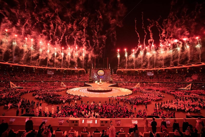 ABU DHABI, UNITED ARAB EMIRATES - March 14, 2019: A fireworks display marks the end of the opening ceremony of the Special Olympics World Games Abu Dhabi 2019, at Zayed Sports City.
