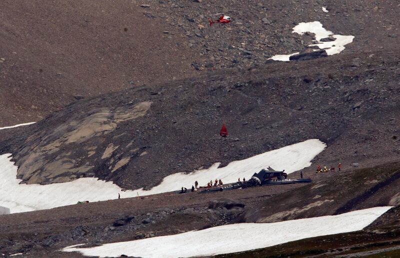 A general view of the accident site of a Junkers Ju-52 airplane of the local airline JU-AIR, in 2,450 meters (8,038 feet) above sea level near the mountain resort of Flims, Switzerland August 5, 2018.  REUTERS/Arnd Wiegmann