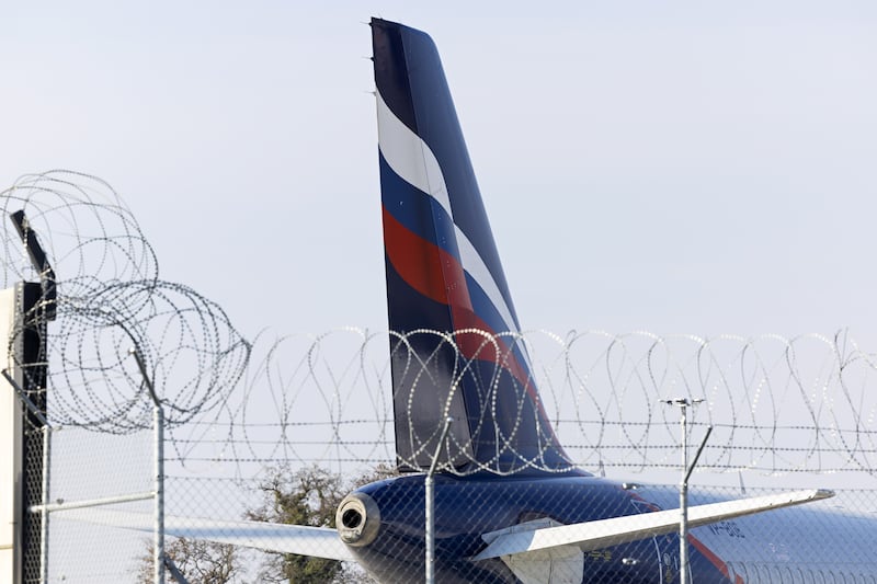 An Aeroflot plane is parked on the tarmac in Geneva after the closure of airspace to Russian airlines and private aircraft. EPA