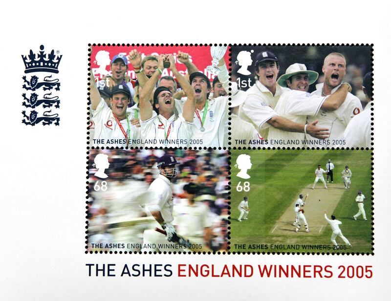 Stamps illustrating England's Ashes cricket victory over Australia in the 2005 summer Series in England were released by Britain's Royal Mail for sale to the public 06 October 2005. AFP PHOTO/HO / AFP PHOTO