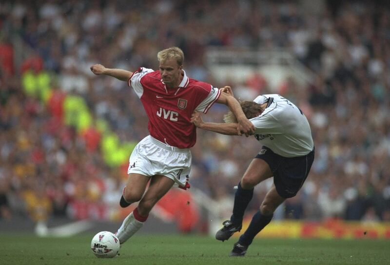 30 Aug 1997:  Dennis Bergkamp of Arsenal in action during the FA Carling Premiership match against Tottenham Hotspur at Highbury in London, England. The game was drawn 0-0. \ Mandatory Credit: Stu Forster /Allsport