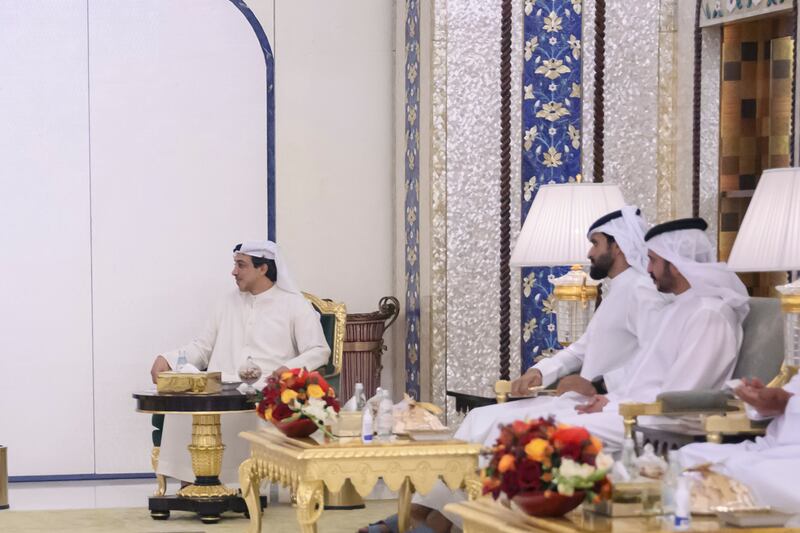 Sheikh Mansour bin Zayed, Deputy Prime Minister and Minister of the Presidential Court, left, and Sheikh Nasser bin Hamad, second left, at the meeting.

