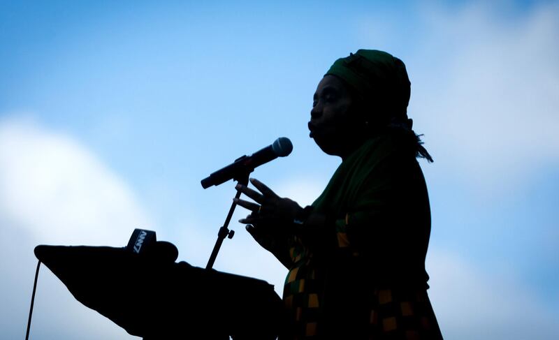 Candidate for South Africa's ruling African National Congress (ANC) party leadership Nkosazana Dlamini-Zuma gestures as she addresses the audience during her final campaign at a African National Congress (ANC) Kwazulu-Natal rally in Clermont township south of Durban on December 9, 2017.
If elected the new President at the ANC Elective conference in December, Dlamini-Zuma would likely become ANC presidential candidate for general elections due in 2019. / AFP PHOTO / RAJESH JANTILAL