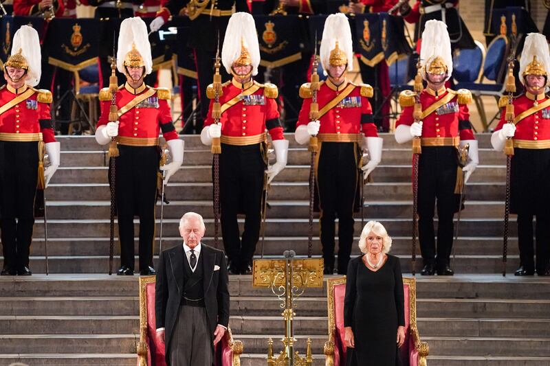 King Charles and Queen Consort Camilla at Westminster Hall, London, where both Houses of Parliament met to express their condolences following the death of Queen Elizabeth. PA