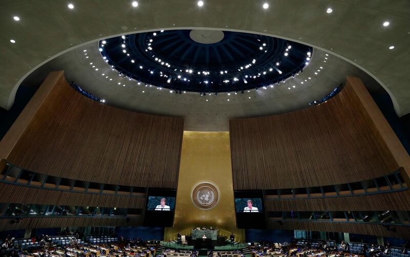 FILE - In this Sept. 20, 2017 file photo, then President of Chile Michelle Bachelet speaks during the United Nations General Assembly, at the United Nations headquarters. Bachelet was 23 years old when she was tortured and fled her country's dictatorship into exile. Now in 2018, more than four decades later, she will have to face her painful past as the new U.N. human rights chief fighting such abuses worldwide. (AP Photo/Frank Franklin II, File)