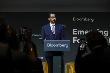 Dr Sultan Ahmed Al Jaber, UAE Minister of State and group chief executive of Abu Dhabi National Oil Co. delivers a speech during the Emerging + Frontier Forum 2019 at Bloomberg's European headquarters in London. Bloomberg