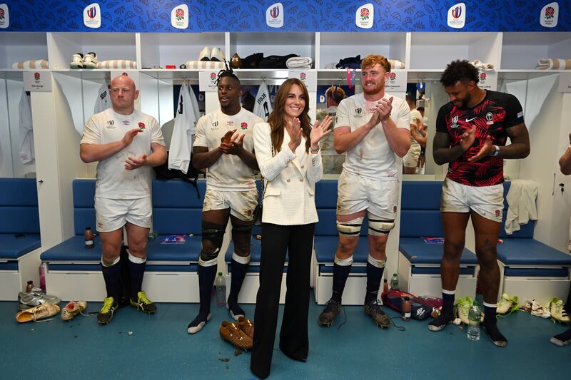 Catherine congratulates the England team on their Rugby World Cup quarter final victory over Fiji at Marseille's Stade Velodrome in France, in October 2023