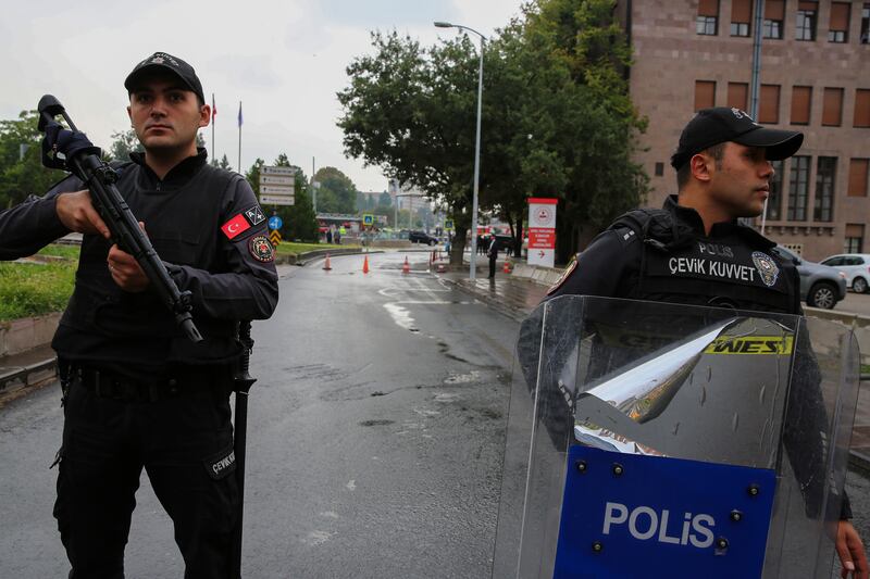 Turkey's government said two terrorists carried out the attack in front of the Interior Ministry buildings. AP