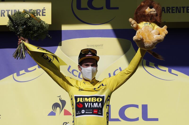 Slovenian rider Primoz Roglic after retaining the overall leader's yellow jersey. EPA